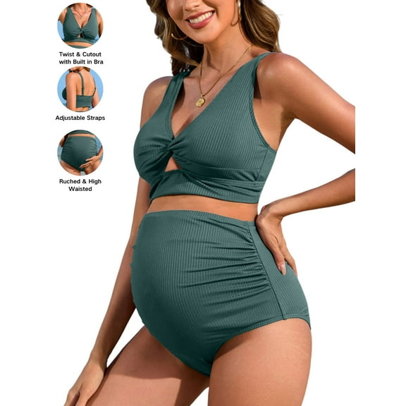 Attraco Maternity Two Piece Swimsuits Ribbed Front Twist Cutout Bikini Sets Ruched High Waisted Pregnancy Swimwears