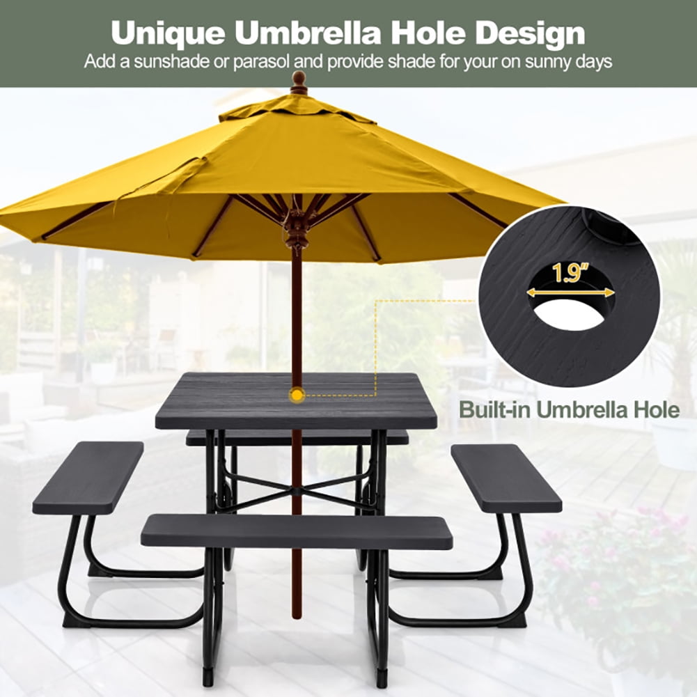 Aimee Lii Outdoor Picnic Table with 4 Benches and Umbrella Hole, Outdoor Patio Furniture, Black