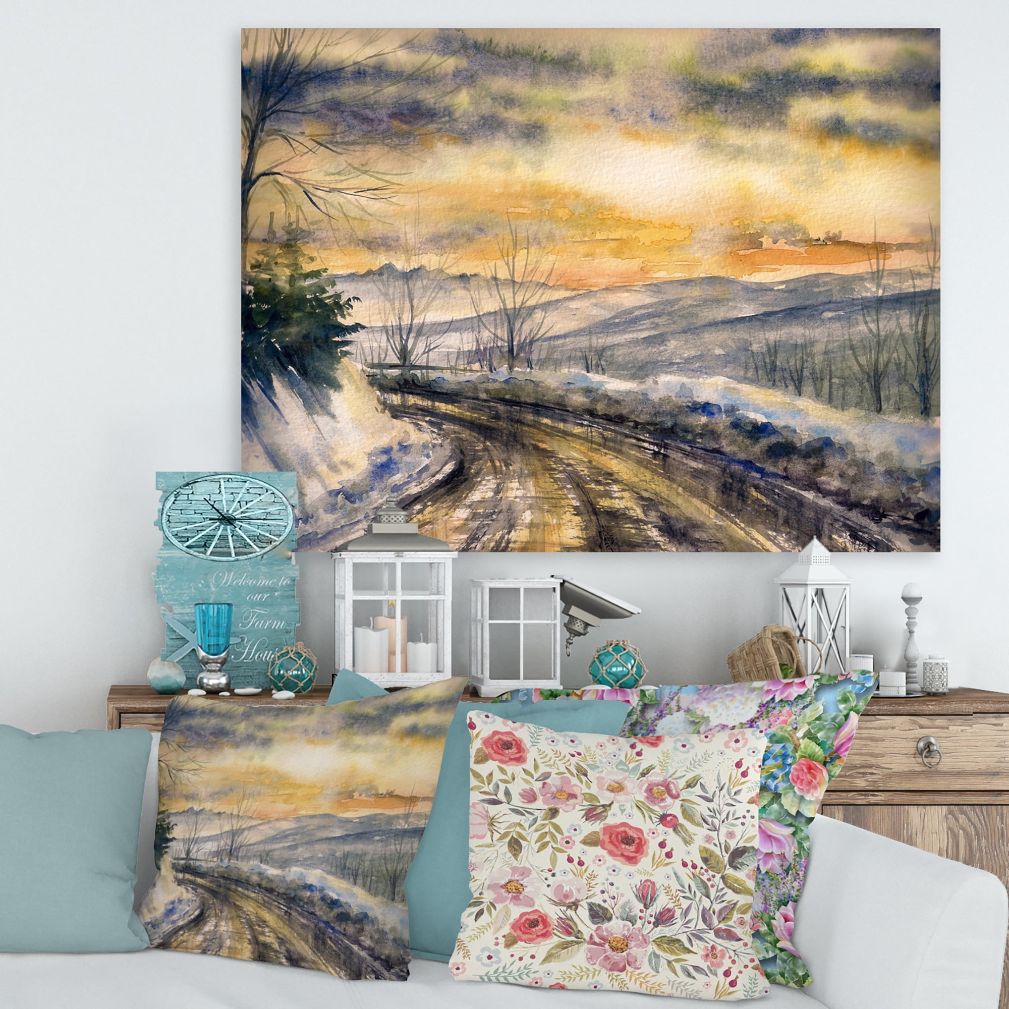 Designart ' Road Under Bright Sunset With Winter Landscape ' Traditional Canvas Wall Art Print