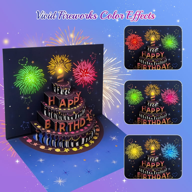 Lockways Happy Birthday Card, 3D Pop-Up Fireworks, Music, Light, 8