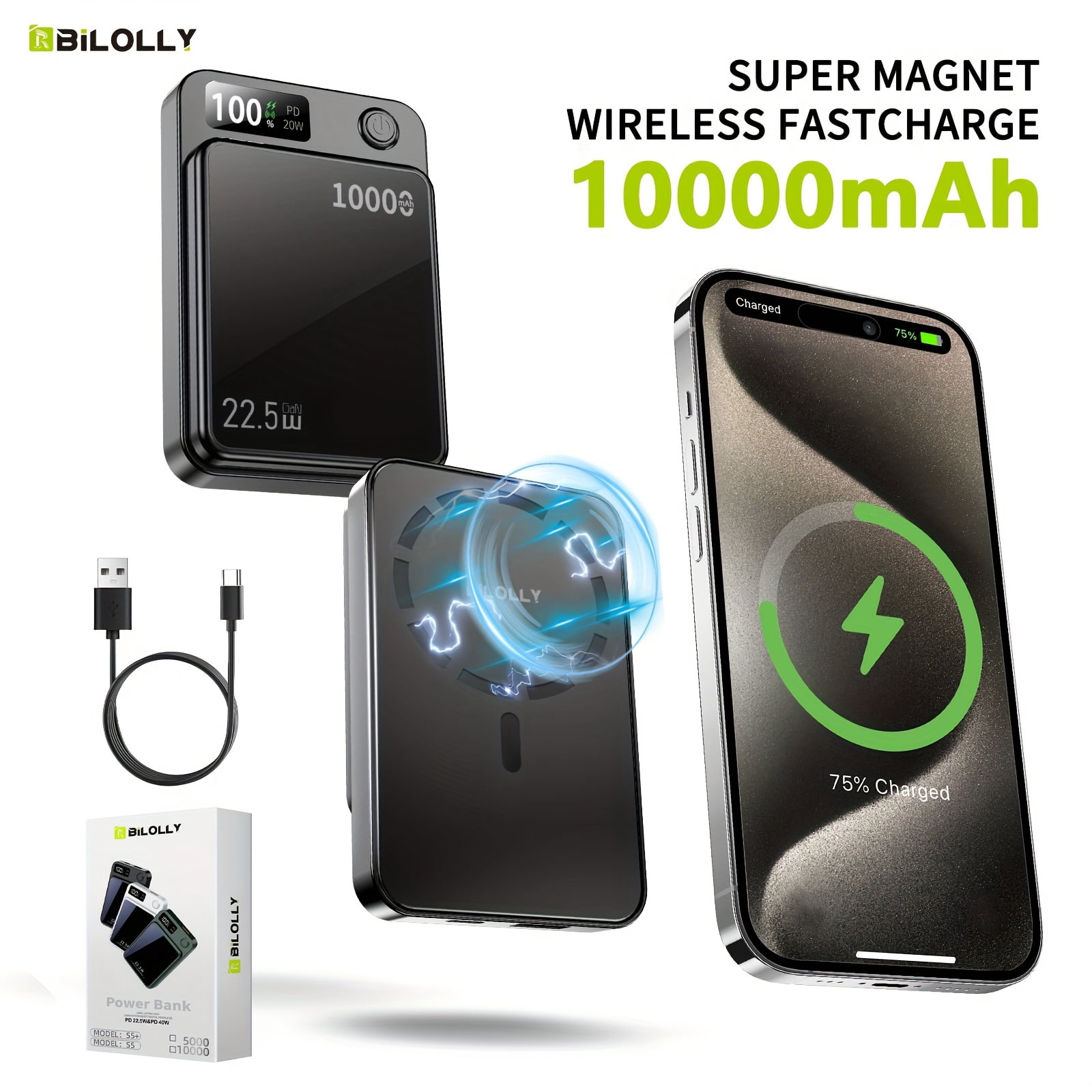 Magnetic Wireless Power Bank 5000/10000/15000mAh, 30W PD Fast & 15W Wireless Charger, Magnetic for iPhone 17-12 Series, Wired Charging for Android