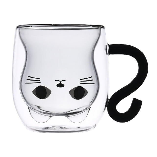 Taza de café de doble pared con diseño de animal, novedosa y bonita, para hombres, mujeres y oficina. Mango de gato negro