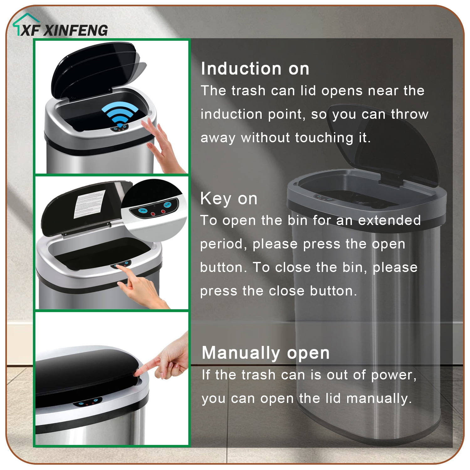 XF XINFENG  13 Gallon Kitchen Trash Can Automatic Touchless Stainless Steel Waste Bin with Silver,Black Lid