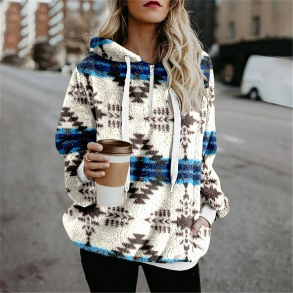 Jsaierl Womens Oversized Sherpa Pullover Hoodie with Pockets Fuzzy Fleece Sweatshirt Aztec Fluffy Coat
