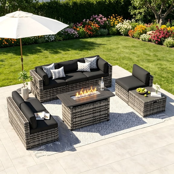 Clouddwell 8 Piece Patio Furniture Sets with Fire Pit Table, Outdoor Furniture Conversation Set With Coffee Table and Black Cushions