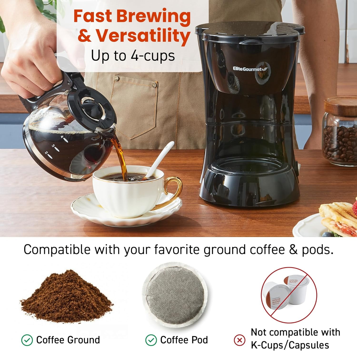 EHC4128 Automatic 4-Cup Brew & Drip Coffee Maker with Pause N Serve, Glass Carafe, Reusable Filter, On/Off Switch, Keep Warm, Water Level Indicator, Black