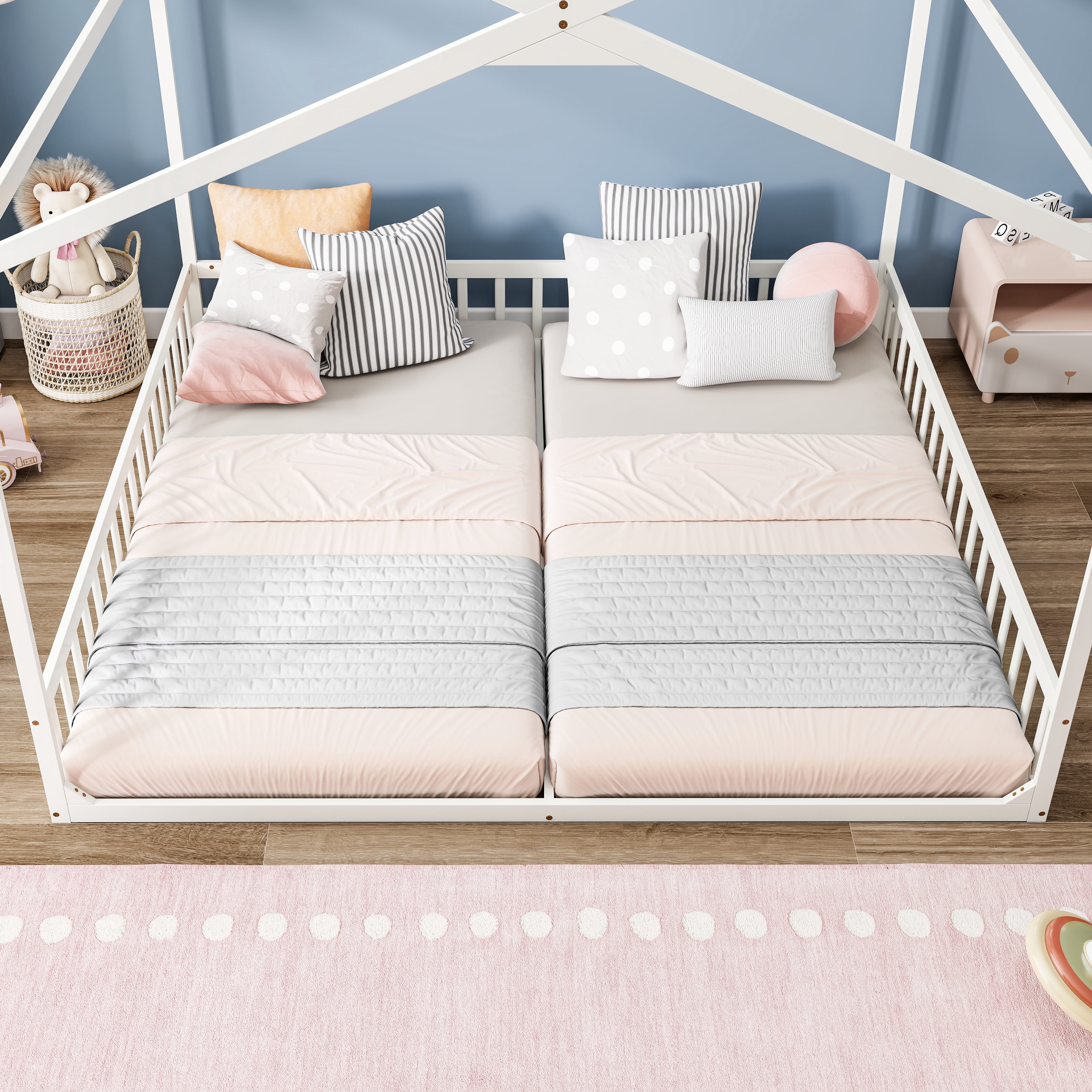 Double Twin House-Shaped Floor Bed with Safety Guardrails, without door, White