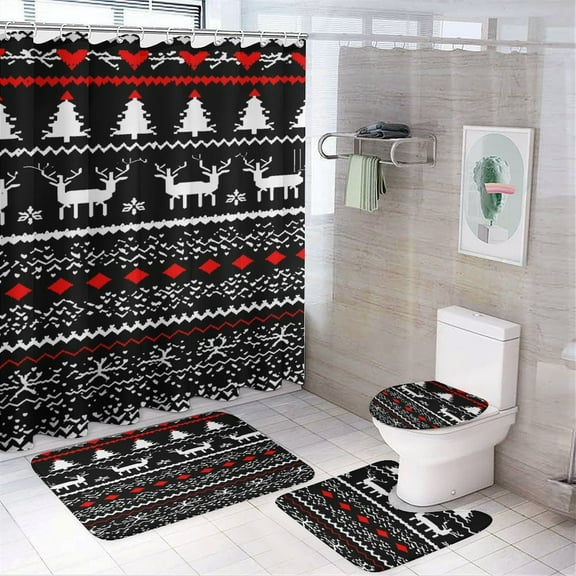 Christmas Snowflake Deer Shower Curtain Bathroom Sets Toilet Lid Rug, Rugs Mat Bath Mat And Contour Mat, Shower Curtain 4Pcs