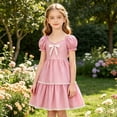 thumbnail image 2 of Glisme Toddler Girls Dress Solid Color Puff Sleeve Square Collar With Bowknot Back To School Lace Trim Tiered Girls Dresses, 2 of 4