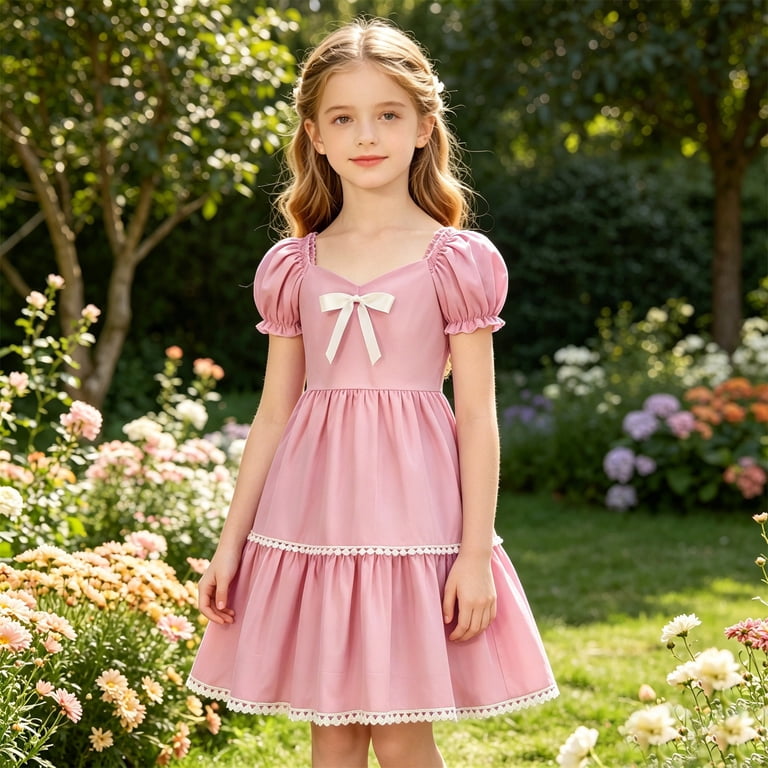 4t holiday dress Girls Summer Dresses Short Sleeve Solid Lace Trim Casual Party Wear for  Toddler Kids 4t Holiday Dress 4-5 Years