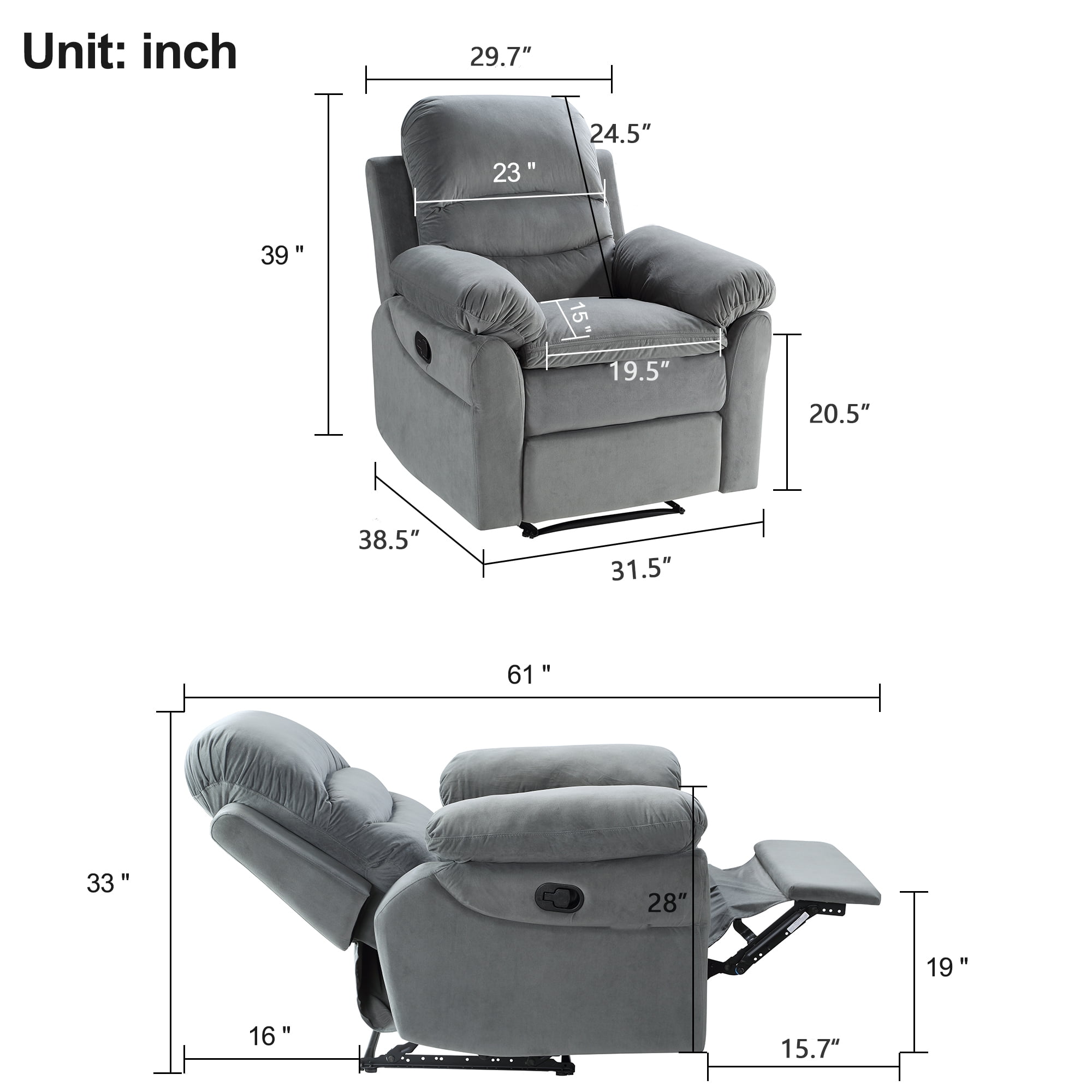 Kepooman Microfiber Manual Recliner Chair with Padded Seat for Bedroom Living Room, Gray Kepooman Microfiber Manual Recliner Chair with Padded Seat for Bedroom Living Room, Gray