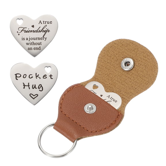 Pocket Hug Token, Heart Double Sided Coin with Leather Keychain Long Distance Relationship Inspirational Keepsake Gifts, A True Friendship