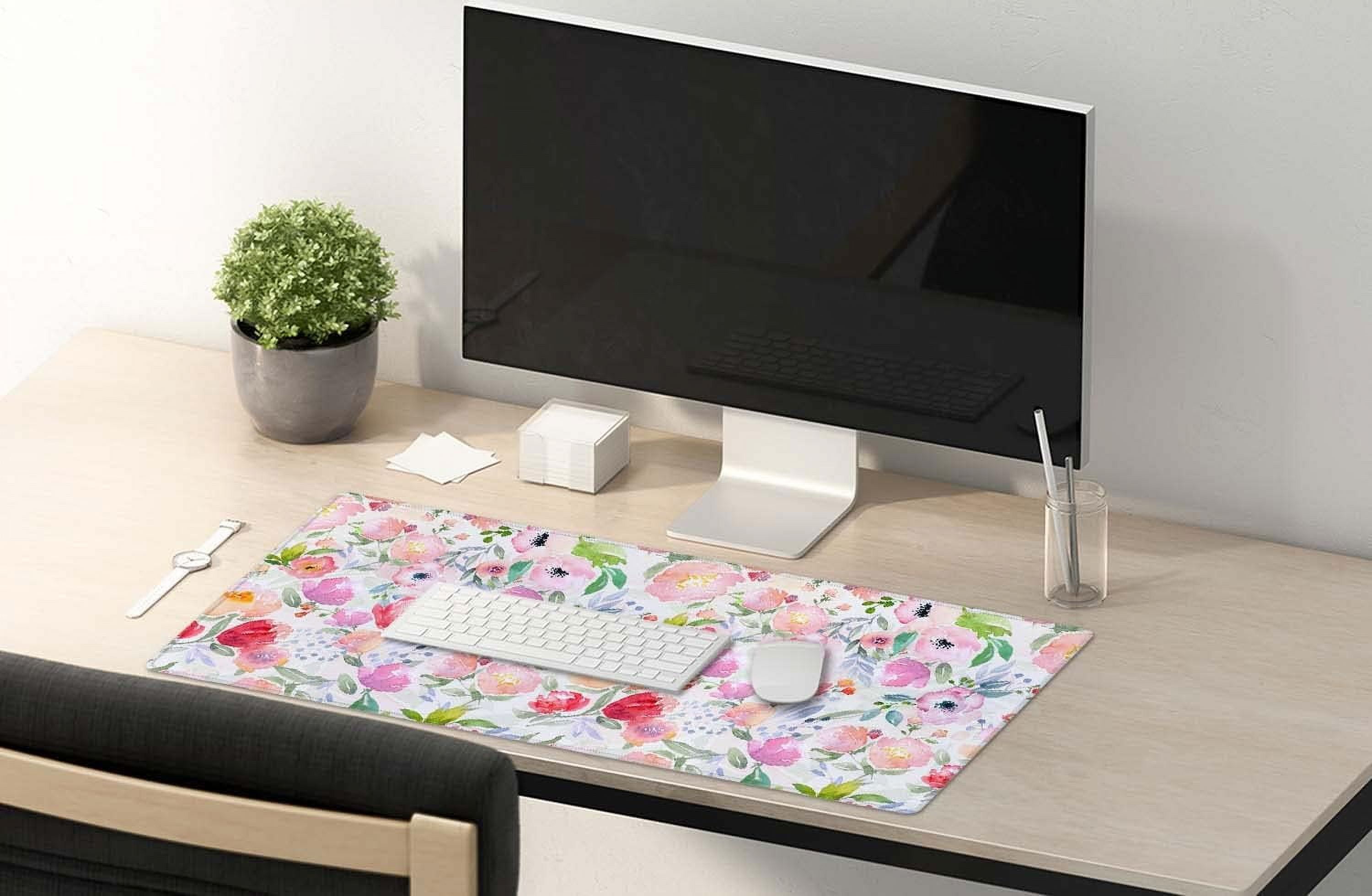 Extended Gaming Mouse Pad (35.5x15.7 in), Large Stable Rubber Base Mousepad with Stitched Edges, Keyboard Mouse Mat Desk Pad for Work, Game, Office, Home - Watercolor Floral Botanical Pattern