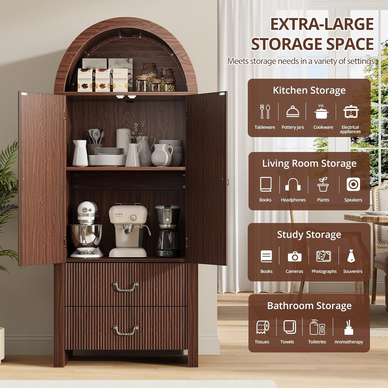 SELOOYE Pantry Cabinet Modern 71 Inch Tall Fluted Arched Adjustable Shelves 2 Drawers Freestanding Dark Walnut