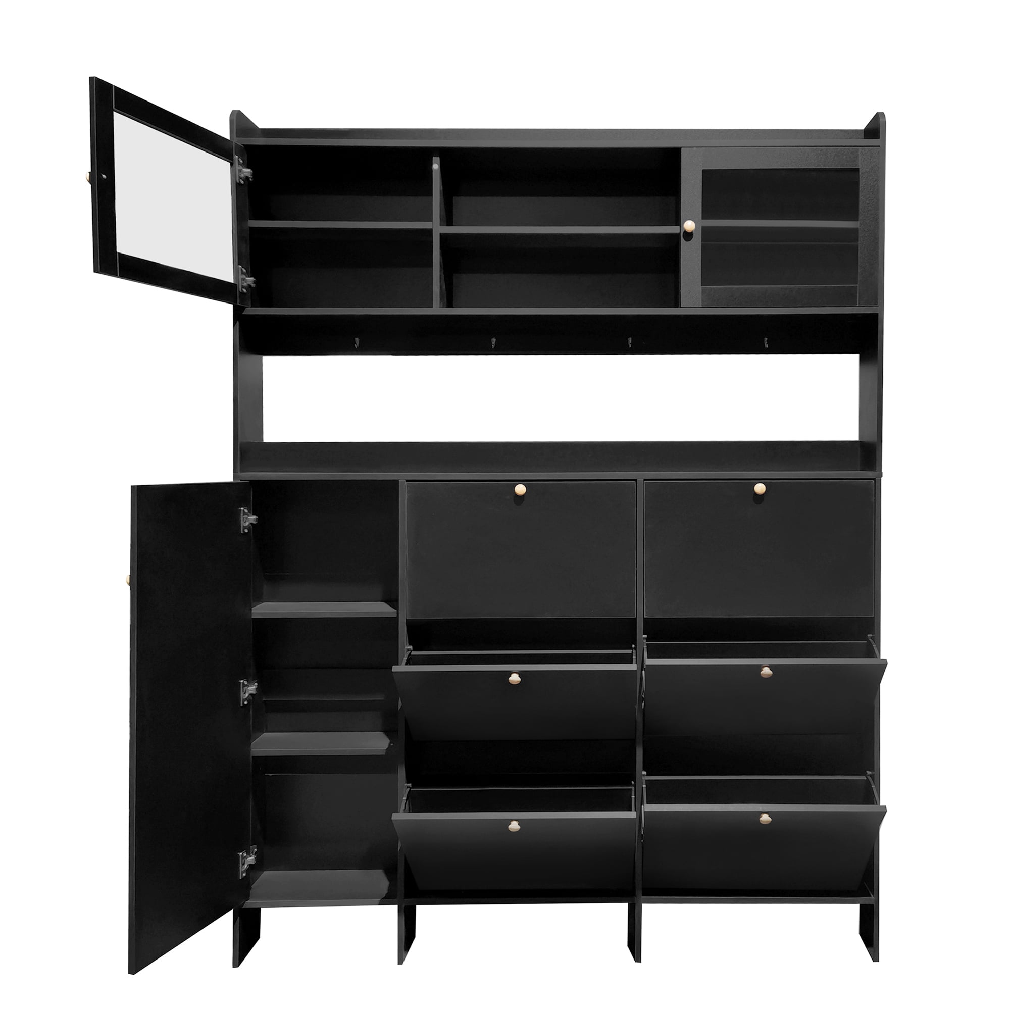 MAYEERTY Multifunctional Tipping Bucket Shoe Cabinet with Storage Shelf & 6 Flip Drawers, Large Hall Tree with Tempered Glass Doors, Foyer Cabinet