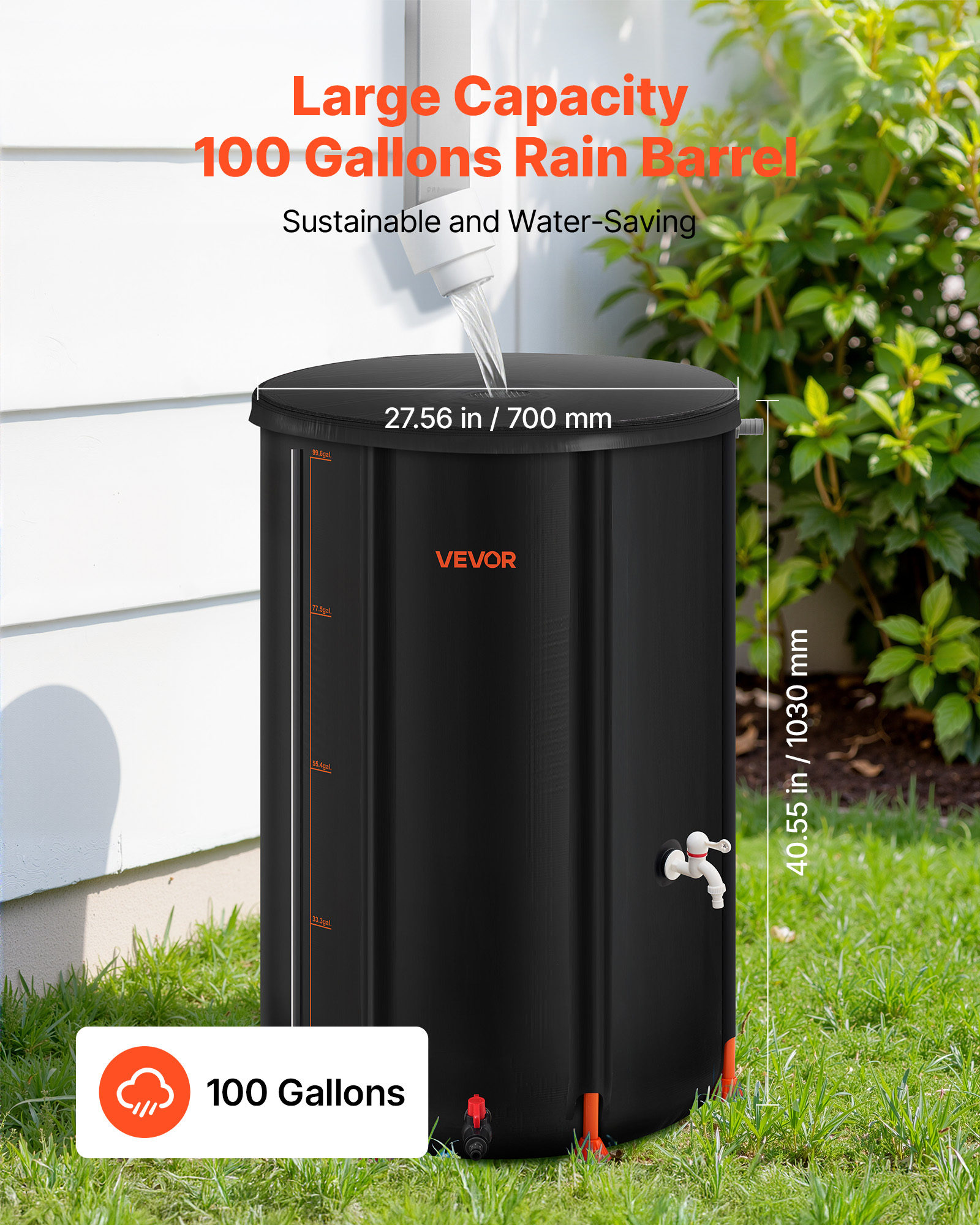 VEVOR Collapsible Rain Barrel, 100 Gallon Portable Rain Water Collection Barrel, 1000D PVC Rainwater Collection System, Garden Water Catcher Tank Storage Container with Spigot & Overflow Kit, Black