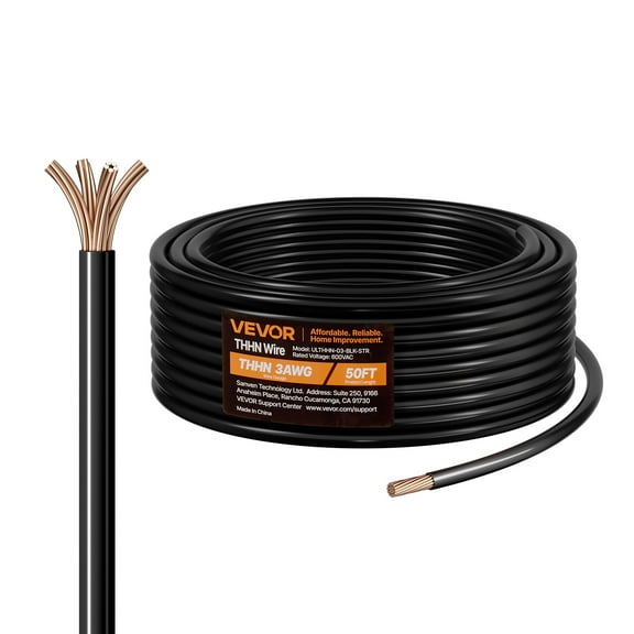 VEVOR 3 AWG THHN Wire, 19-Stranded, 100% OFC Copper Electrical Building Wire with Nylon Jacket, Rated for Up to 600 Volts, for Indoor & Outdoor Use, Commercial, Industrial, Residential, Black