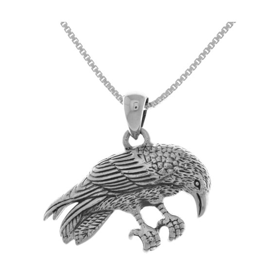 Sterling Silver Perching Raven Pendant on 18 Inch Box Chain Necklace