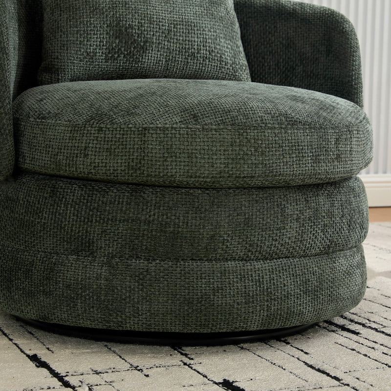 360° Modern Swivel Barrel Accent Chair, Chenille Upholstered Lounge Armchair with Pillow, Comfy Round Sofa Reading Chair for Living Room, Bedroom, Green