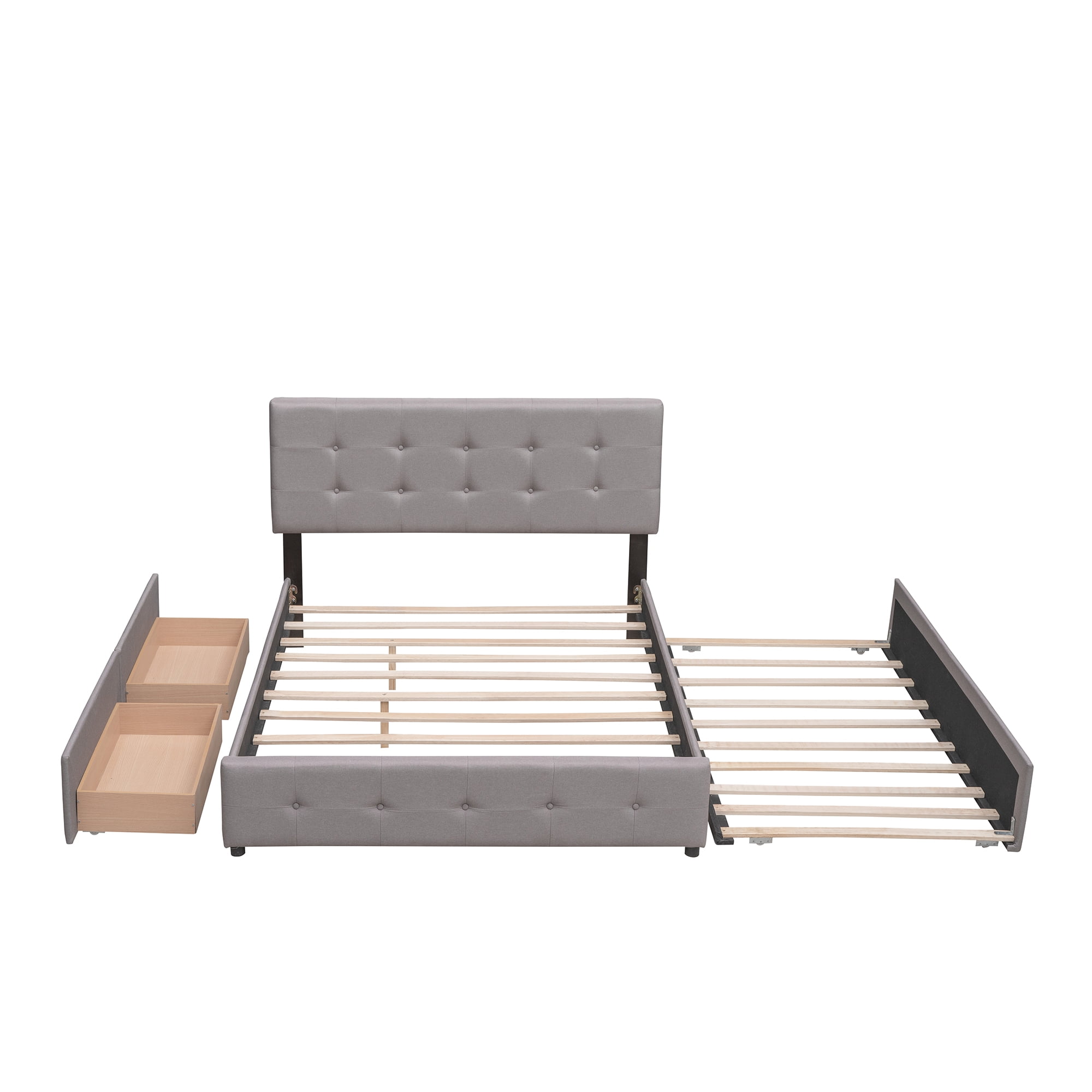 PAPROOS Queen Platform Bed Frame with Storage, Upholstered Platform Bed with Tufted Button Headboard, 2 Drawers & Twin Size Trundle, No Box Spring Needed, Queen Size Bed Frame, Dark Beige