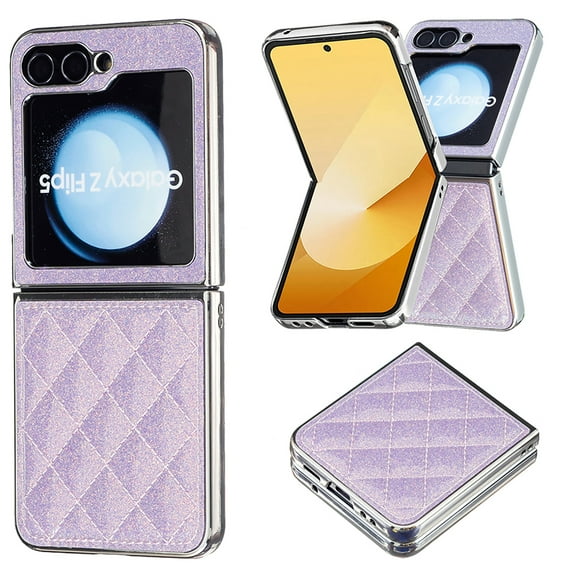 for Samsung Galaxy Z Flip 6 Case Glitter with Plating Bumper Frame, Bling PU Leather Hard PC Anti-Scratch Shockproof Lightweight Slim Case for Samsung Galaxy Z Flip 6 Phone Case, Purple