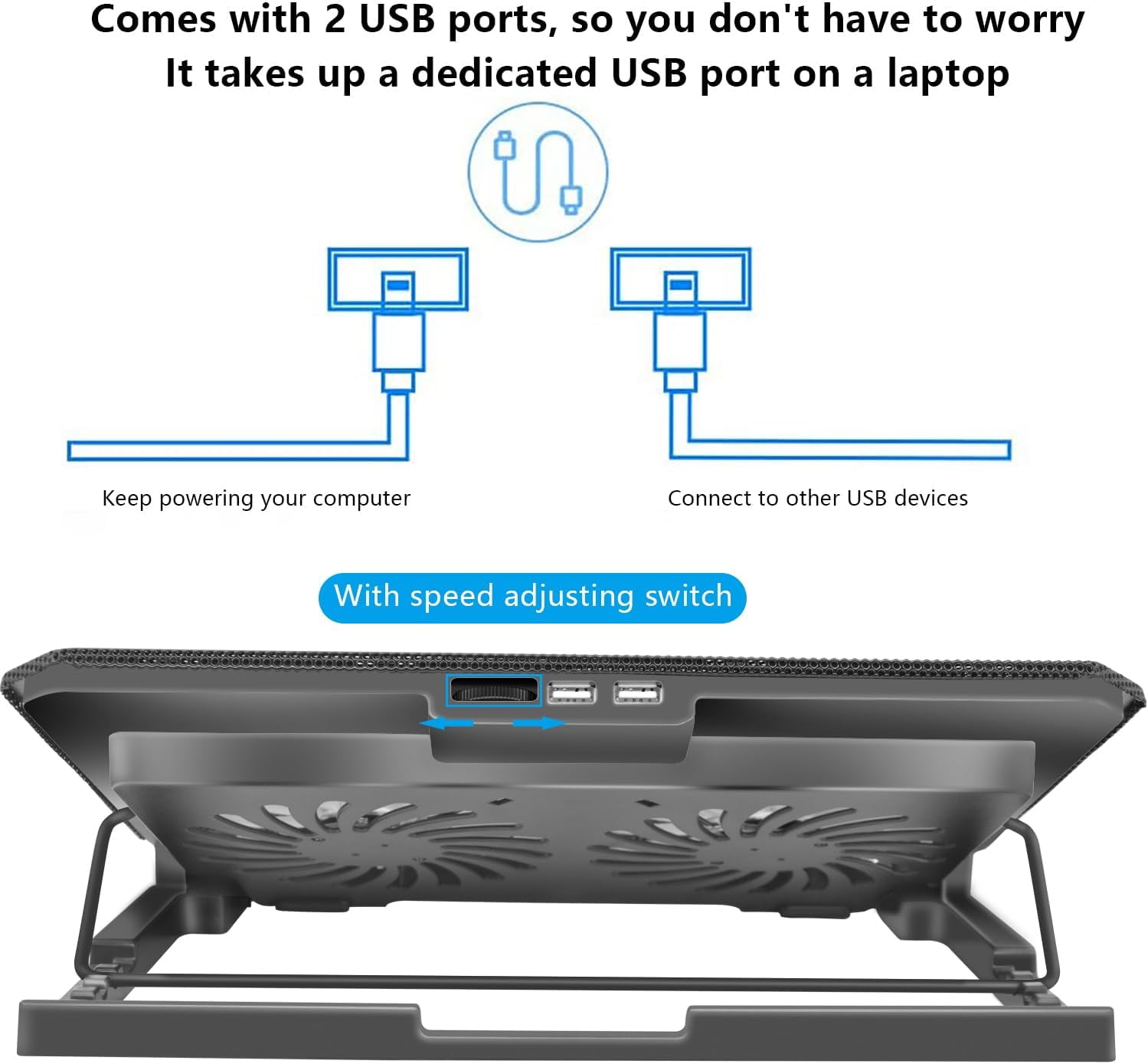 Laptop Cooling Pad, Cooler Pad Chill Mat 2 Quiet Fans LED Lights and USB Ports 5 Height & with Adjustable Speed Mounts Metal Mesh Design, for 9"-17" Laptops（Black）