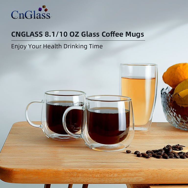 CnGlass Double Walled Glass Coffee Mugs 10oz(290ml),Large Insulated  Espresso Cups,Set of 4 Clear Cappuccino Mug with Handle