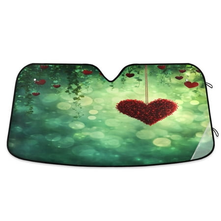 Car Sun Visor 53*23.5Inch Windshield Sun Shield Car Sun Curtain Car Sun Shield Car Sun Insulation Suitable For Most Vehicles Green Background Lovely Red Love
