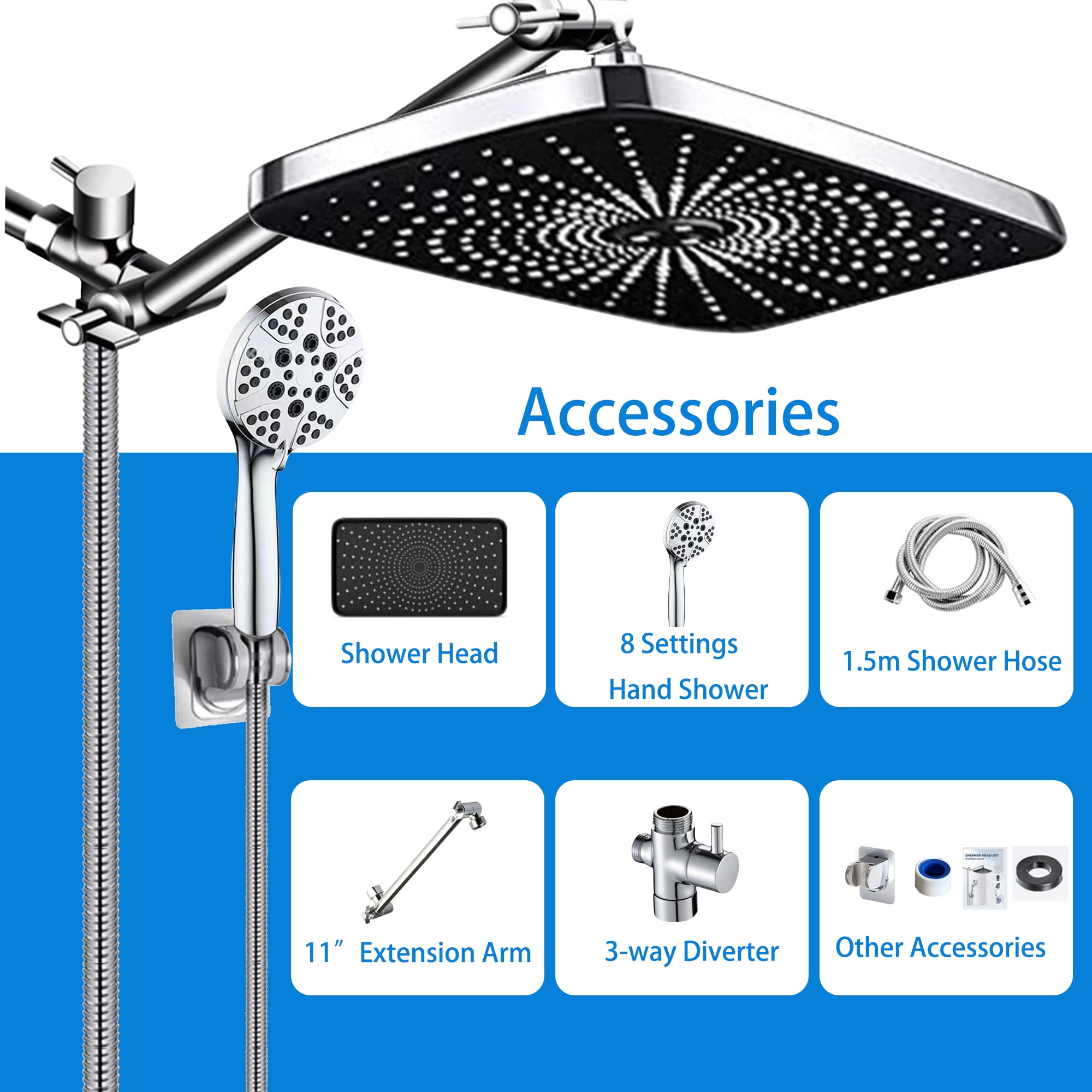 IUSU 8-Setting High Pressure Shower Head, 11.8 inch Rain Shower Head with Handheld and Hose Silver