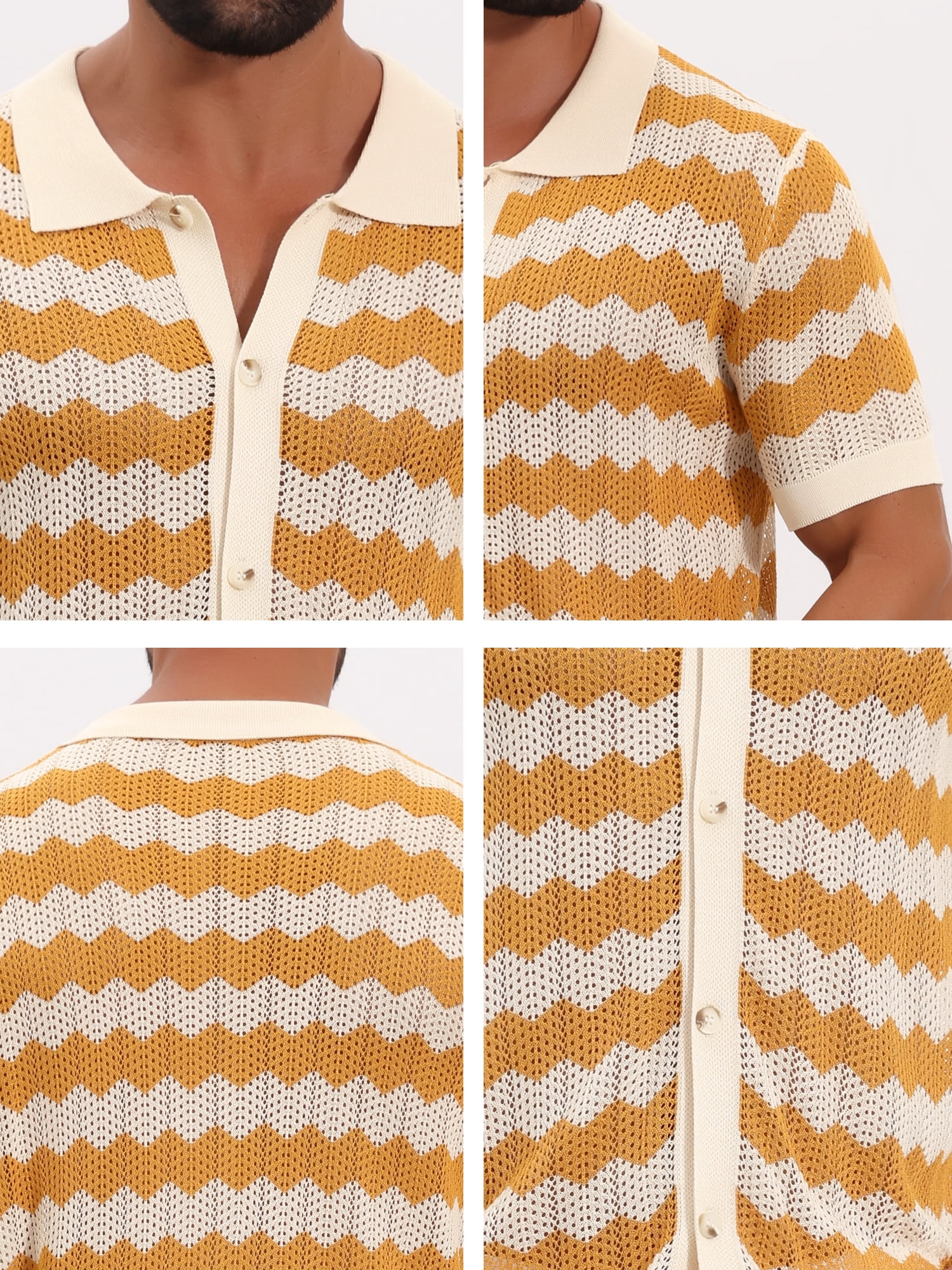 DARING DIVA Men's Wave Crochet Hollow Out Button Down Striped Shirts XL Yellow