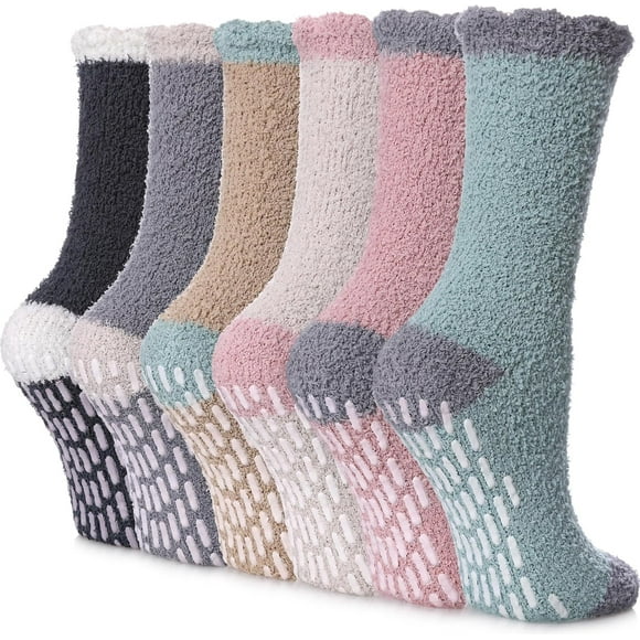6Pairs Non Slip Socks for Women Winter Warm Cozy Fuzzy Slipper Socks Soft Fluffy Hospital Socks with Grips