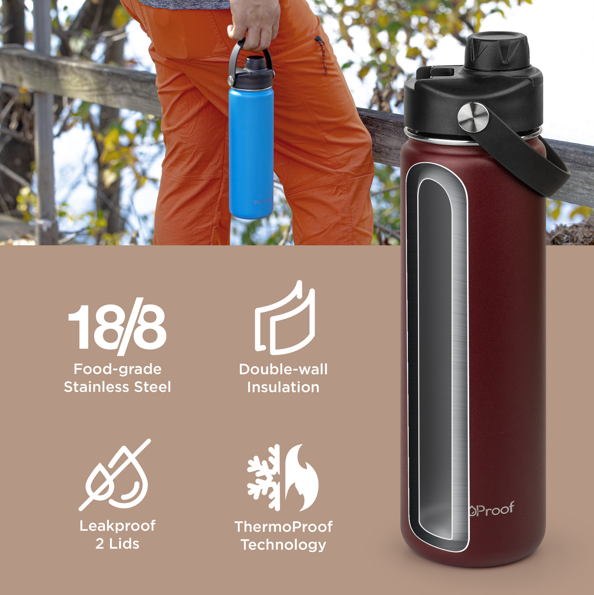 ThermoProof Double-Walled Vacuum Insulated Stainless Steel Water Bottle, Wide Mouth, Leakproof, 22oz, Burgundy