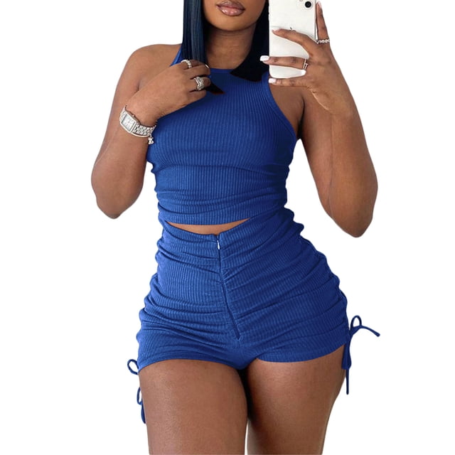 Txlixc Traje de 2 piezas para mujeres, chaleco sin mangas + pantalones cortos de cremallera de cintura alta Txlixc moda