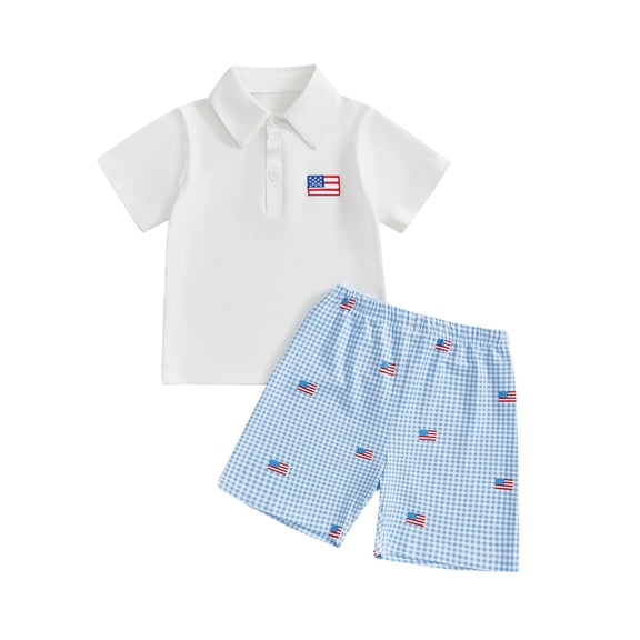 BemeyourBBs Toddler Baby Boy 4th of July Outfits Patriot Fourth of July Summer Independence Day Clothes Short Sleeve American Flag Embroidery Button Lapel Shirt Plaid Shorts Set