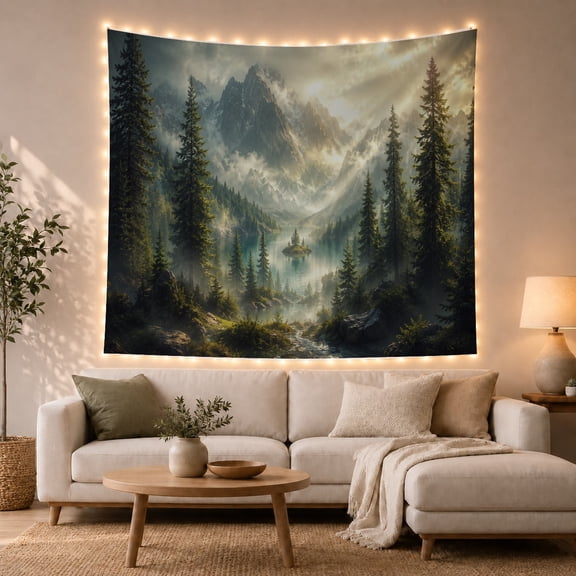 Misty Mountain Lake and Pine Forest with Atmospheric Glow, Mystical Watercolor for Nature Lovers, Wilderness Wall Art Decor, Housewarming Gift Tapestry Wall Hanging for Bedroom and Living Room
