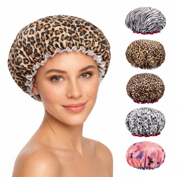 5 Pack Double Layer Waterproof Shower Caps, Printed Reusable Hair Caps, Oil Resistant Kitchen Hair Cover, Thick EVA Bath Caps for Daily Use