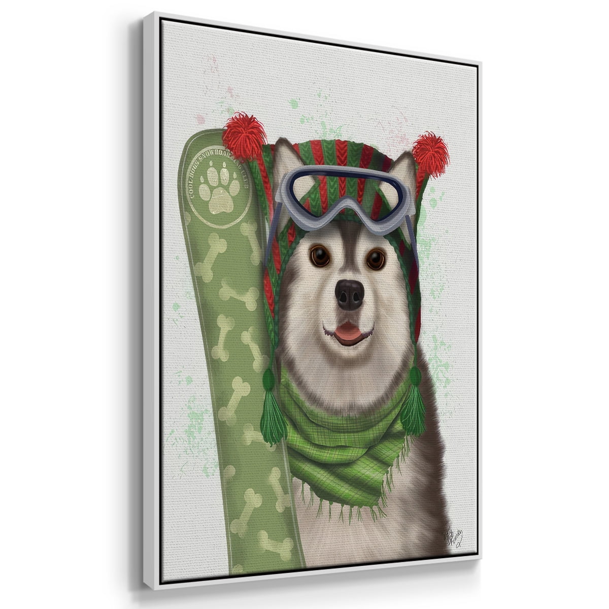 Christmas Husky Snowboard - Framed Gallery Wrapped Holiday Canvas - 27 x 41 - White Frame