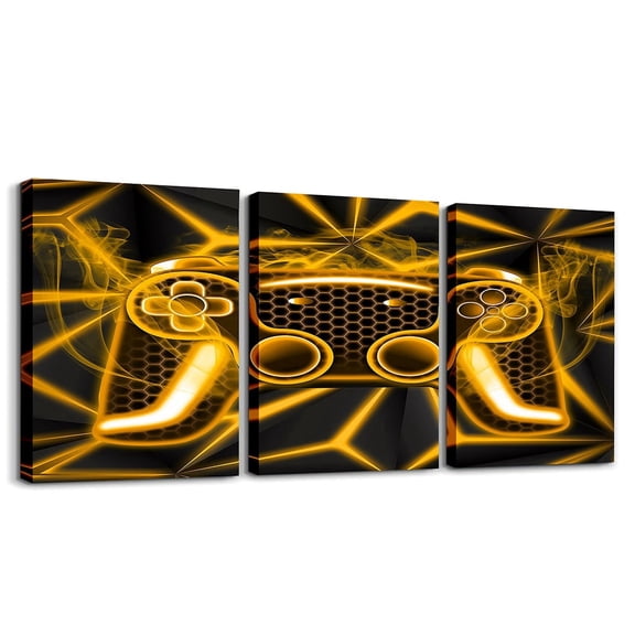Erosebridal Gaming Gamer Canvas Wall Art Living Room, Video Game Theme Framed Wall Art Set of 3, Orange Gradient Stripe Wall Decor for Bedroom, Luxurious Living Room Decoration