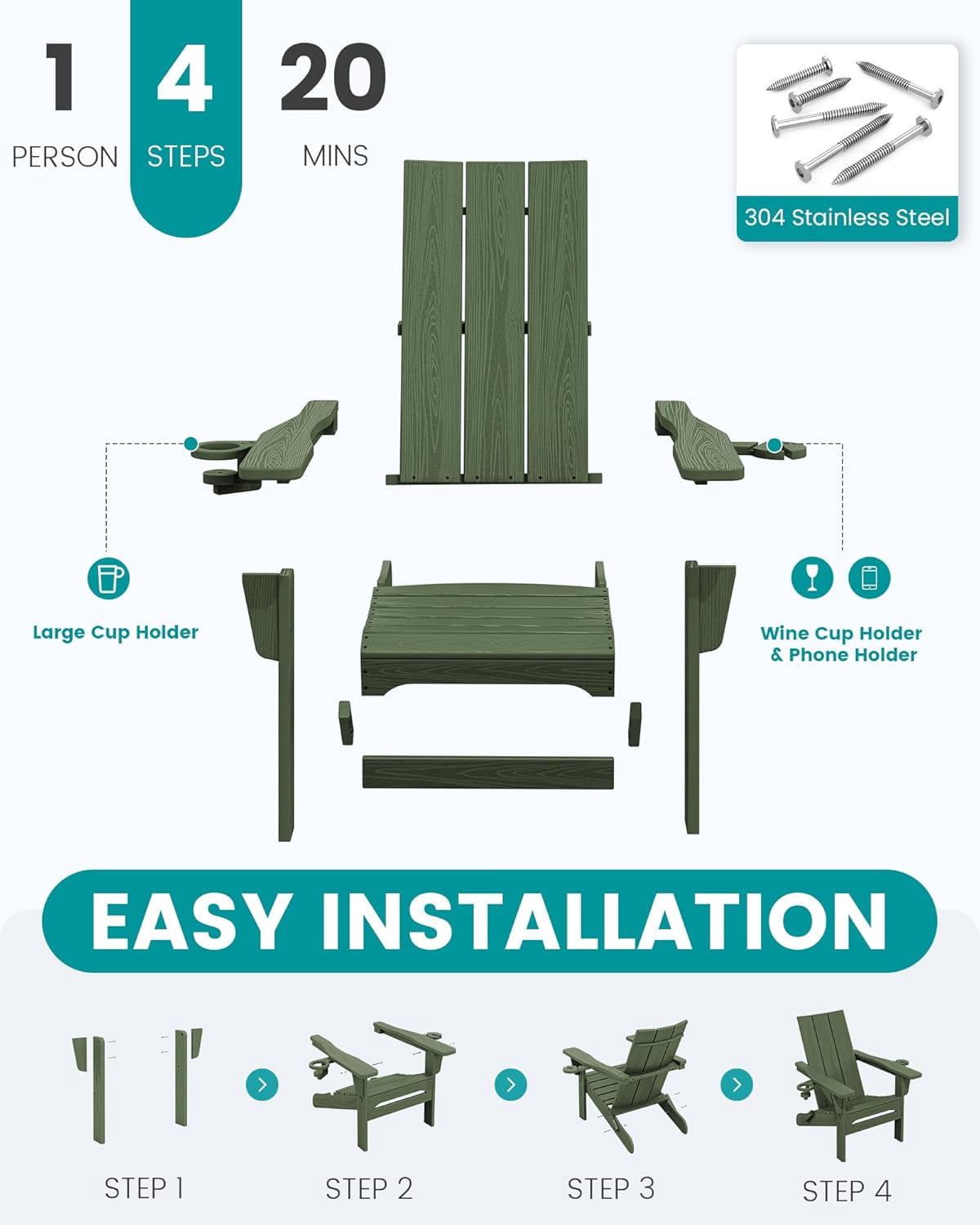 CHTER Modern Adirondack Chair, Folding Adirondack Chair with Dual Cup Holders, Outdoor HDPE Fire Pit Chair for All Weather Use, Avocado Green