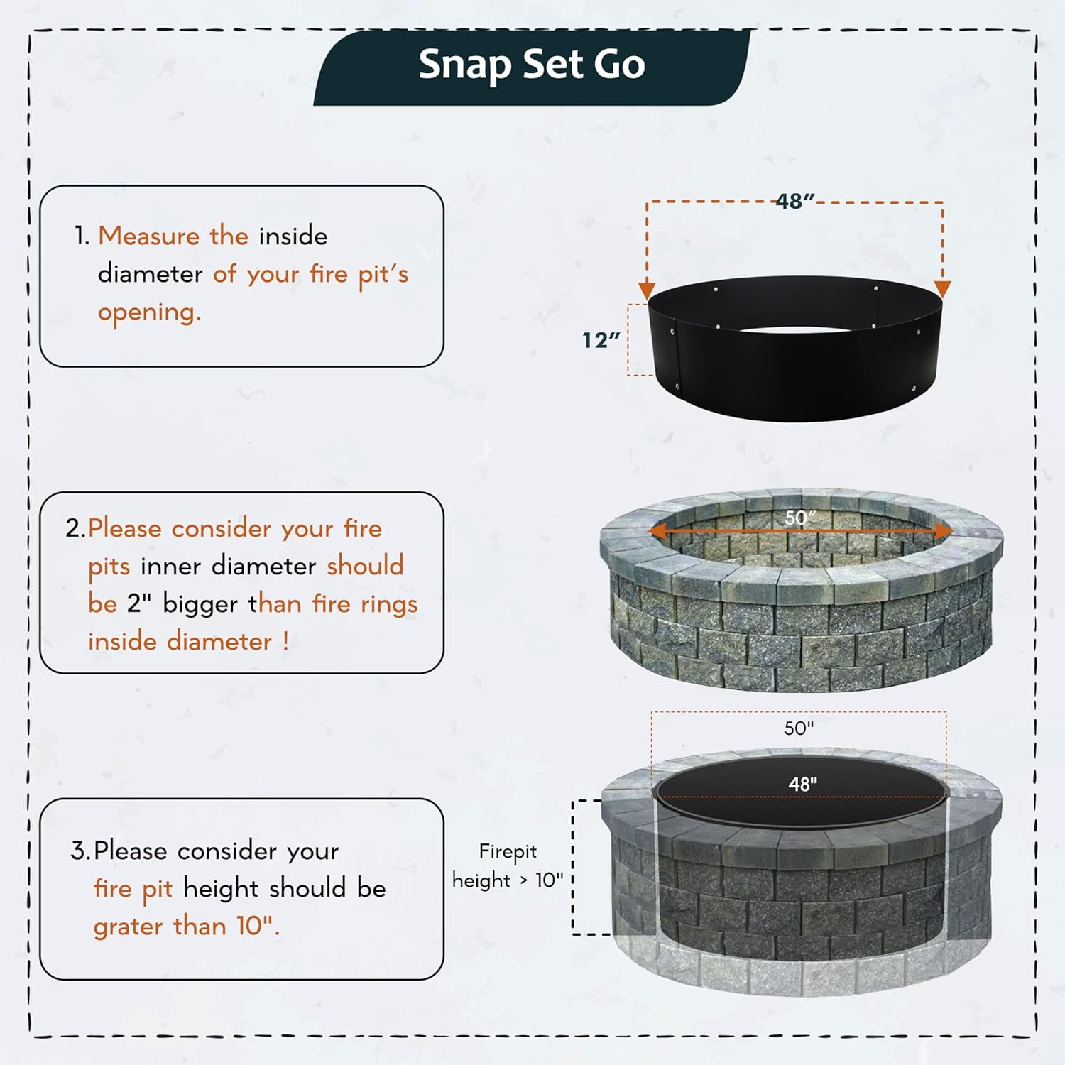 FEBTECH - 48" Portable Firepit Ring Liner - 2MM Carbon Steel DIY Fire Ring for Outdoor Fire Pits - Above-Ground or In-Ground Fire Ring Insert for Backyard Bonfires, Camping