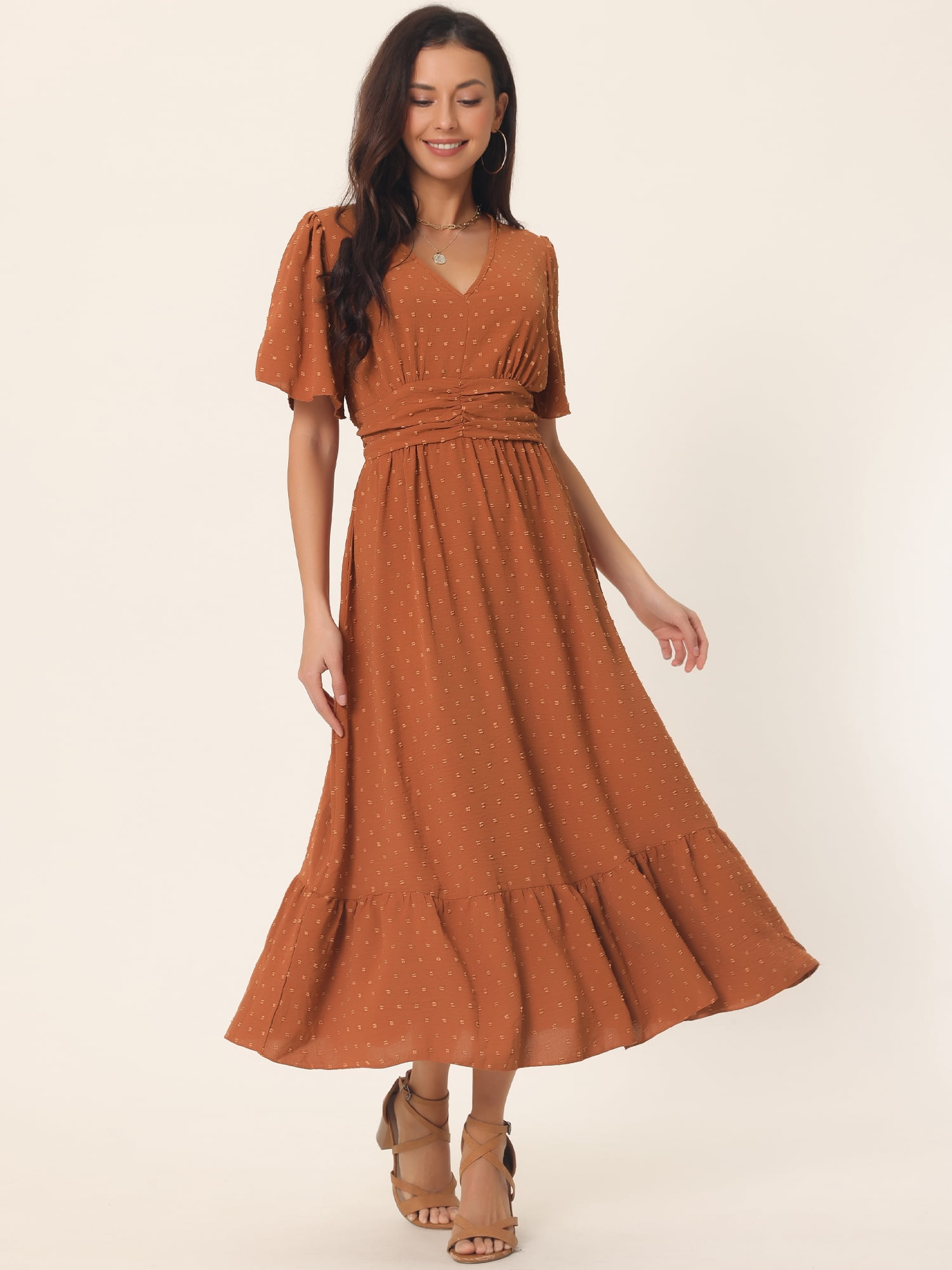 DARING DIVA Women's Swiss Dots Ruffle Midi Dresses S Caramel