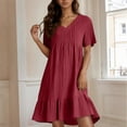 thumbnail image 2 of Petite Dresses for Curvy Women Casual Ruffle Tiered Layered V Neck Short Sleeve Swing Short Dresses Cotton Linen Knee Length Party Shirt Dresses Wine XL, 2 of 5