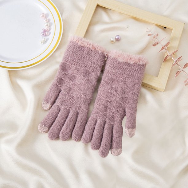 Guantes de invierno para mujer, de color liso, cálidos, con pantalla táctil, de punto, medianos y largos, de acrílico