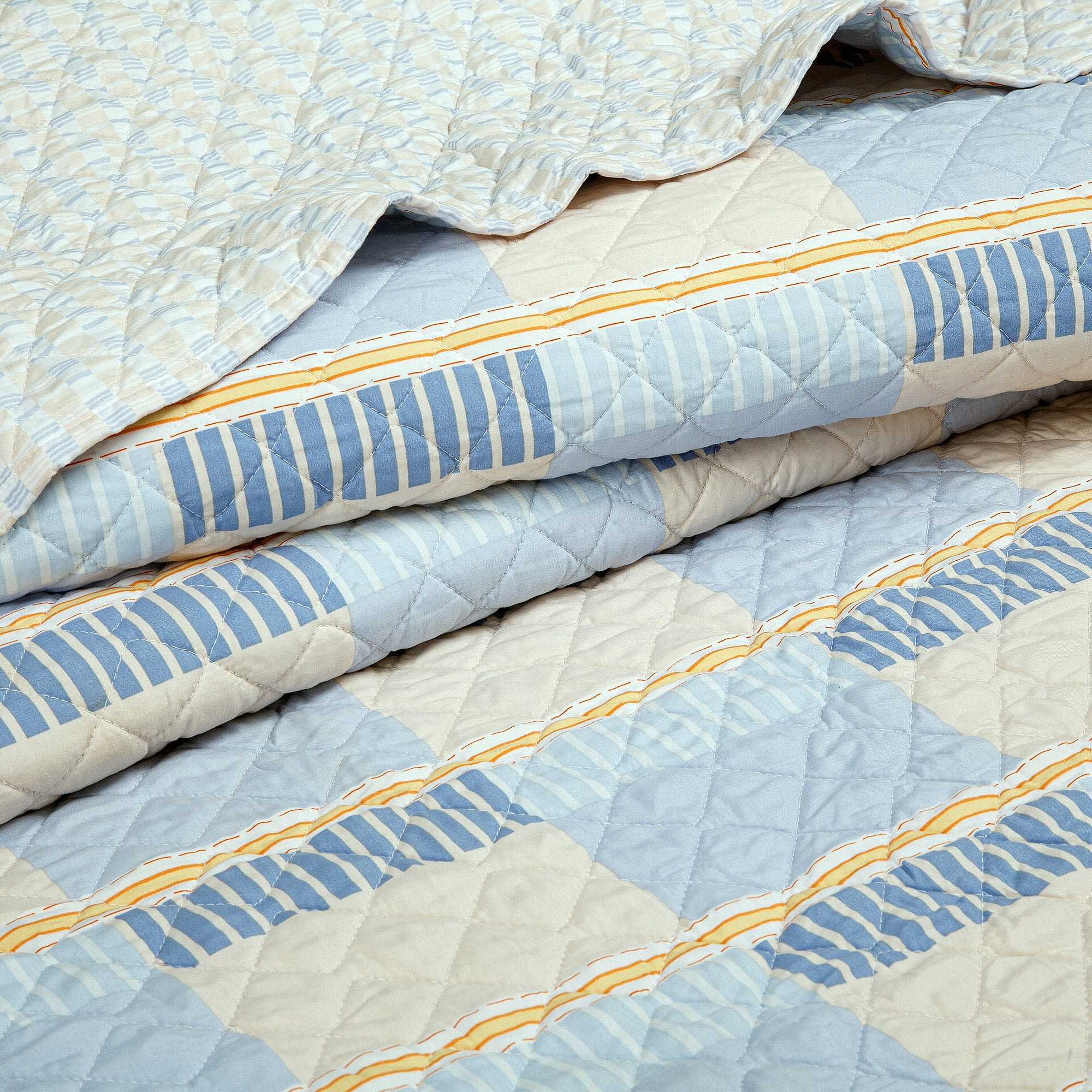SCAD Piece by Piece Stripe 3 Piece Quilt Set, Blue and Yellow Stripe, Includes 2 Pillow Shams, Twin XL