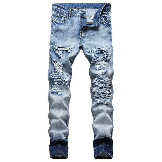 Men's Destroyed Skinny Jeans Stretch Slim Fit Ripped Patched Washed Denim Jeans Vintage Distressed Straight Jean Pants
