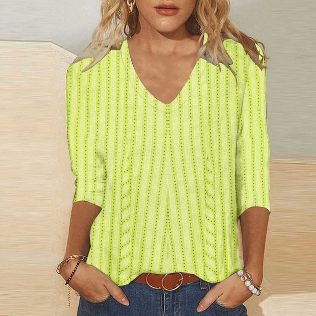 Fiudx Ofertas Relámpago Top con Cuello En V y Manga 3/4 con Estampado Informal a La Moda para Mujer