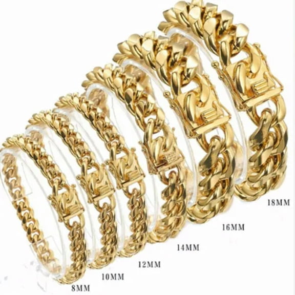 QQTDFG 8mm-18mm Fashion Women Mens Chain 316L Stainless Steel Miami Curb Link Bracelet-Gold-10mm wide-9.5 inch