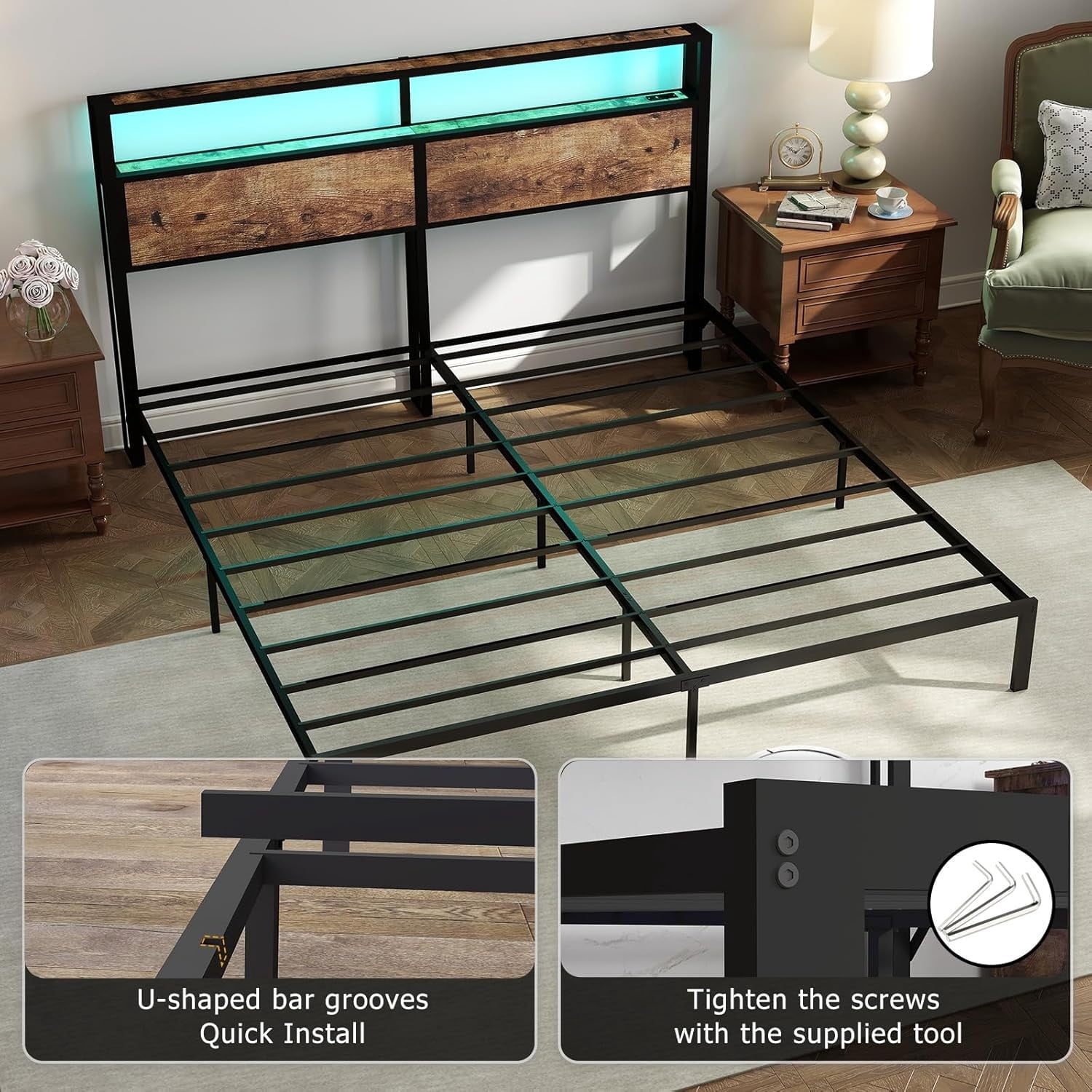 DRNANLIT King Size  Bed Metal Platform Bed Frame with LED Lights ，2 Tiers Storage Headboard,Charging Station,Noise Free, Easy Assembly,Vintage Brown