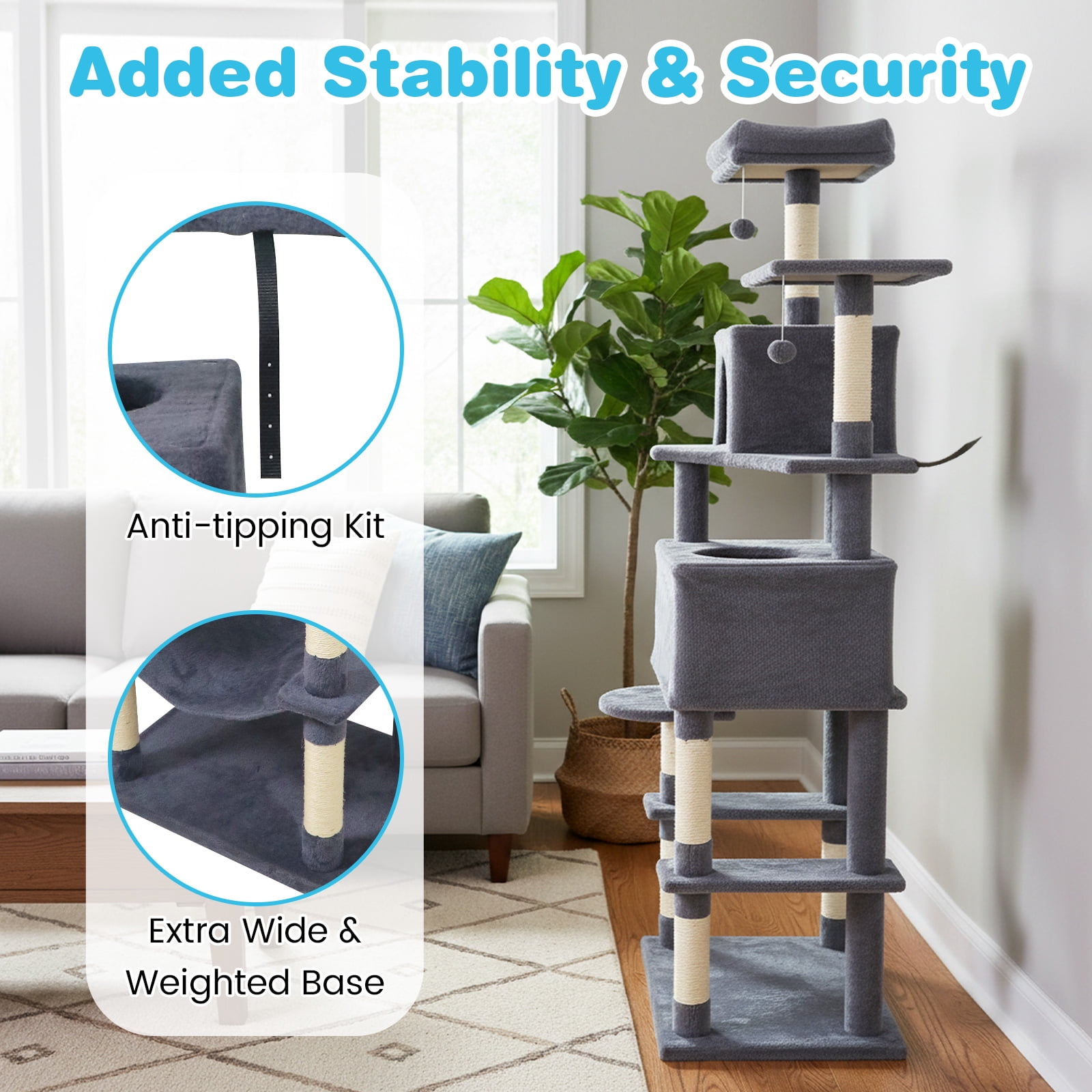 Costway 70” Cat Tree for Indoor Cats with Padded Top Perch, Dual Condos, Hammock, Platforms Dark Gray