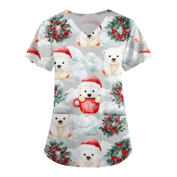 EANJE Christmas Scrubs for Women,Christmas Graphic V Neck Scrub Top Short Sleeve Loose Nursing Uniform T-Shirt With Pockets, Holiday Workwear Blouse Multicolor L